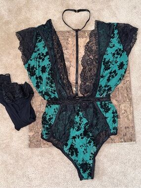 Teal and Black Lace Floral Bodysuit - Women Intimates 💝 Free Stockings
